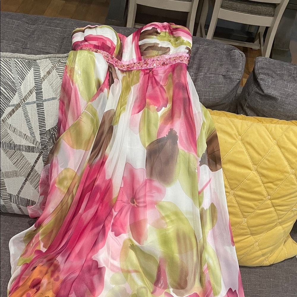 Dave & Johnny Pink and Green Floral Chiffon Gown